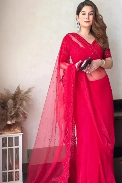 Partywear Red Organza Saree For Newly Married Women