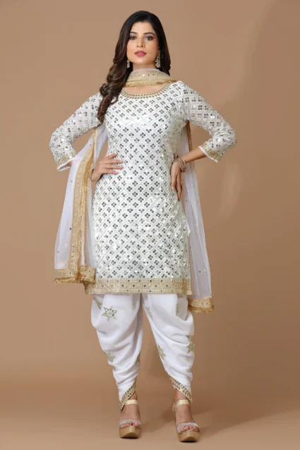 Partywear White Dhoti Style Salwar Suit Set With Dupatta Partywear White Dhoti Style Salwar Suit Set With Dupatta