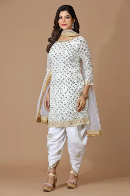 Partywear White Dhoti Style Salwar Suit Set With Dupatta Partywear White Dhoti Style Salwar Suit Set With Dupatta