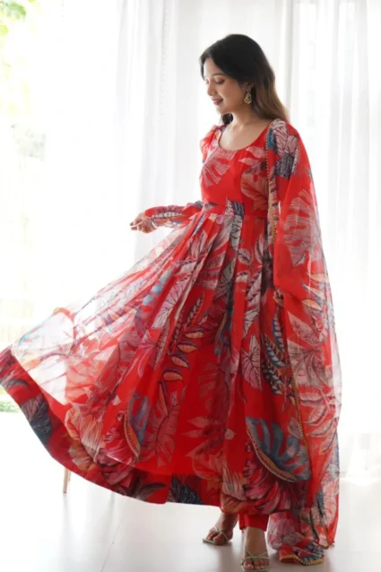 Red Organza Anarkali Suit With Beautiful Flower Prints Red Organza Anarkali Suit With Beautiful Flower Prints