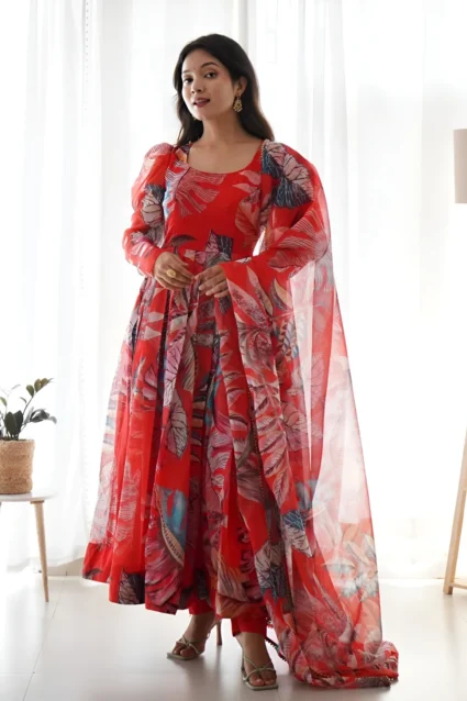 Red Organza Anarkali Suit With Beautiful Flower Prints Red Organza Anarkali Suit With Beautiful Flower Prints