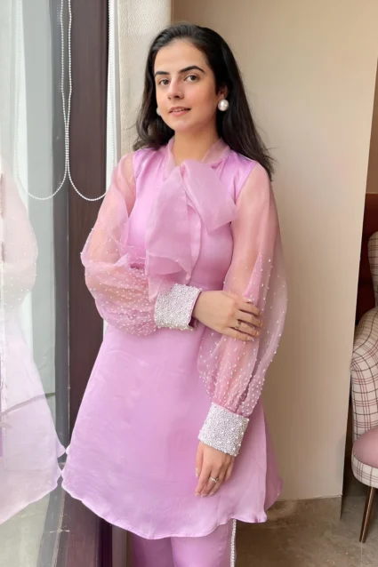 Stunning Pink Organza Top And Pant Set With Moti Work Stunning Pink Organza Top And Pant Set With Moti Work