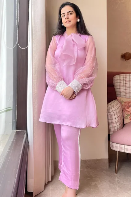 Stunning Pink Organza Top And Pant Set With Moti Work Stunning Pink Organza Top And Pant Set With Moti Work