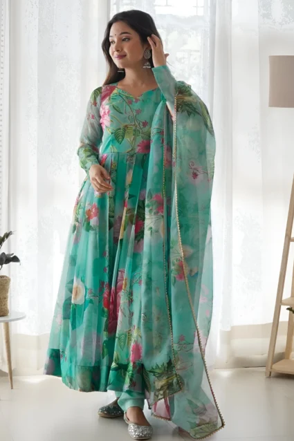 Stylish Light Green Floral Printed Organza Anarkali Suit Set Stylish Light Green Floral Printed Organza Anarkali Suit Set