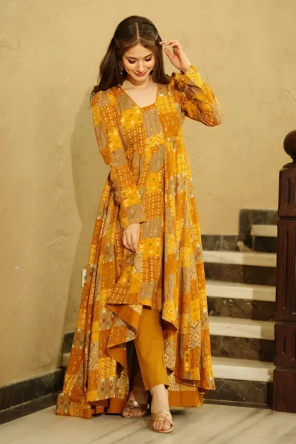 Stylish Mustard Yellow Muslin Asymmetrical Kurta Set