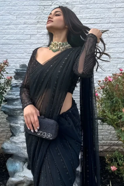 Partywear Black Net Saree with Fancy Lace and Sequence Work
