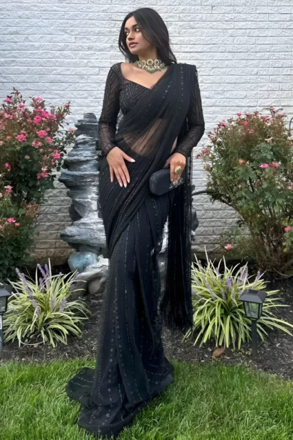 Partywear Black Net Saree with Fancy Lace and Sequence Work