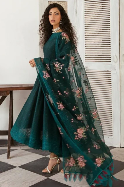Boring Embroidered Silk Suit with Floral Organza Dupatta Boring Embroidered Silk Suit with Floral Organza Dupatta