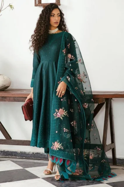 Boring Embroidered Silk Suit with Floral Organza Dupatta Boring Embroidered Silk Suit with Floral Organza Dupatta