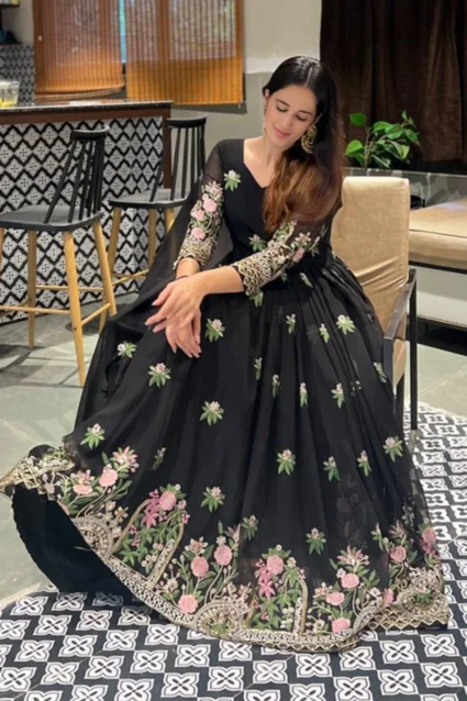 Designer Black Georgette Long Gown for Wedding Celebrations
