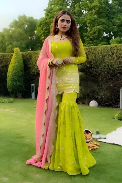 Designer Parrot Green Embroidered Palazzo Suit with Dupatta Designer Parrot Green Embroidered Palazzo Suit with Dupatta