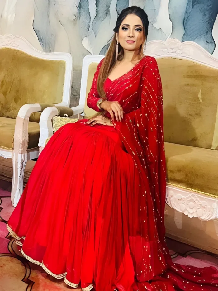 Gorgeous Lehenga Saree in Red and Off White Color - MiaIndia.com