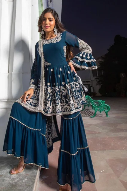 Gorgeous Blue Sharara Suit With Embroidery and Moti Lace Work 3