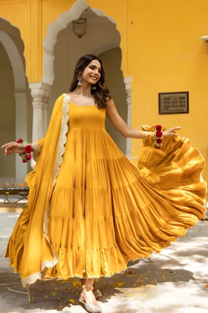 Haldi Special Mustard Yellow Sleeveless Anarkali Suit Haldi Special Mustard Yellow Sleeveless Anarkali Suit