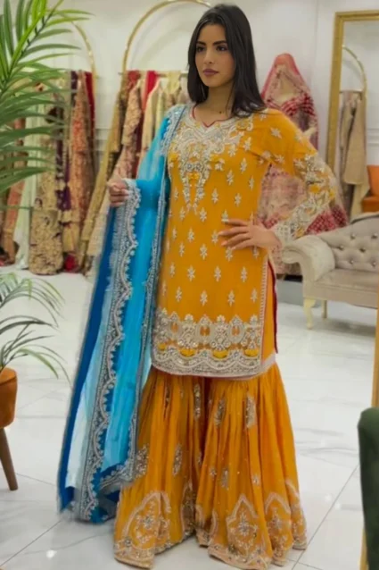 Heavily Embroidered Mustard Yellow Sharara Suit for Haldi