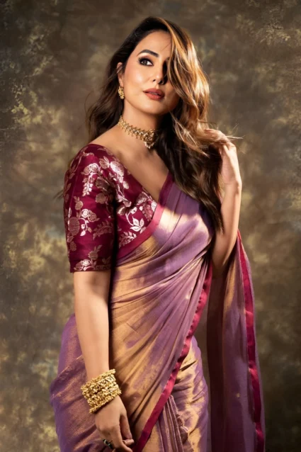 Hina Khan Inspired Bollywood Pink Tissue Silk Saree