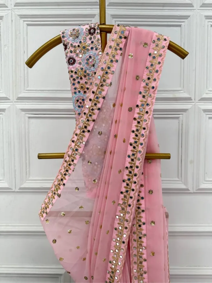 Wedding Sarees : Khushi kapoor pink georgette sequence mirror