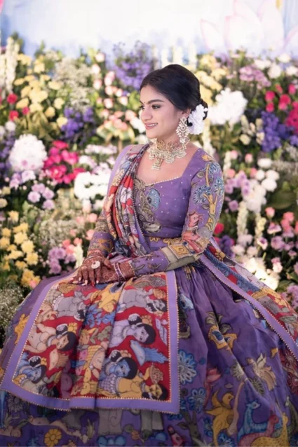 Lavender South Indian Lehenga Choli Set with Kalamkari Print