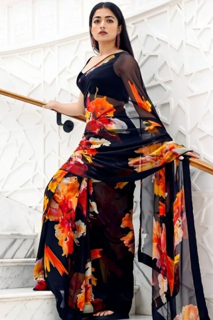 Rashmika Mandanna Style Georgette Black Saree with Lace Work