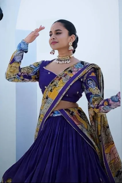 Traditional Purple Lehenga Choli Set with Kalamkari Print