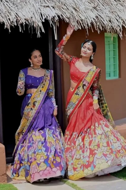 Traditional Purple Lehenga Choli Set with Kalamkari Print