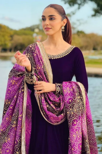 Elegant Purple Velvet Gown with Designer Dupatta for Reception