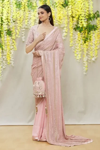 Baby Pink Color Georgette Sarees Party Wear With Price