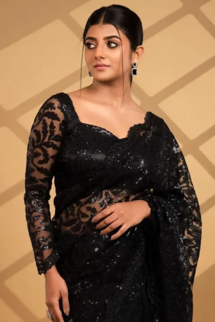 Black Color Party Wear Ethnic Designer Net Saree For Girls