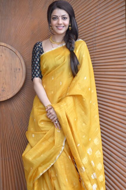 Bollywood Actress Kajal Agarwal Haldi Saree For Bride 2024