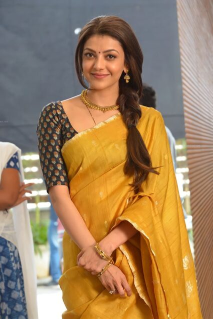 Bollywood Actress Kajal Agarwal Haldi Saree For Bride 2024