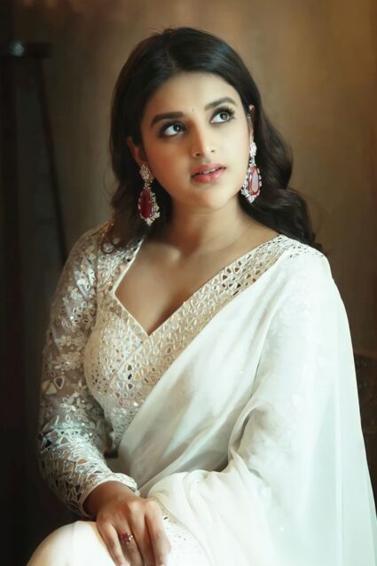 Bollywood Actress Nidhi Agerwal Embroidery Mirror Work Saree For Wedding 2024