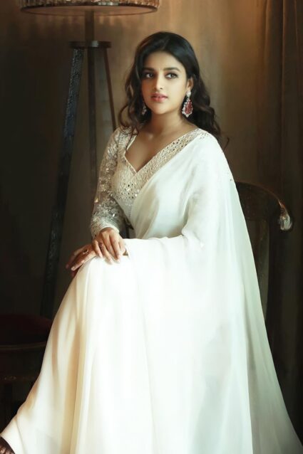 Bollywood Actress Nidhi Agerwal Embroidery Mirror Work Saree For Wedding 2024