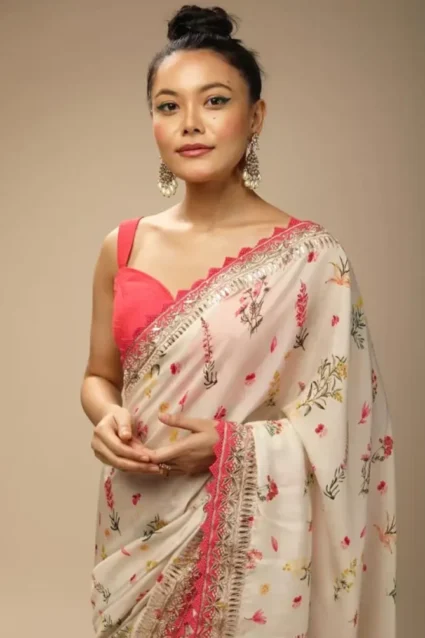 Buy Off White Pure Chiffon Floral Print Sarees