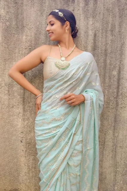 Buy Sky Blue Color Farewell Saree For College