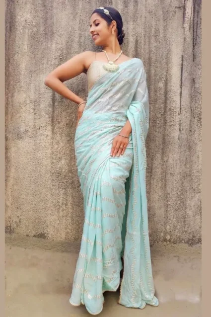 Buy Sky Blue Color Farewell Saree For College