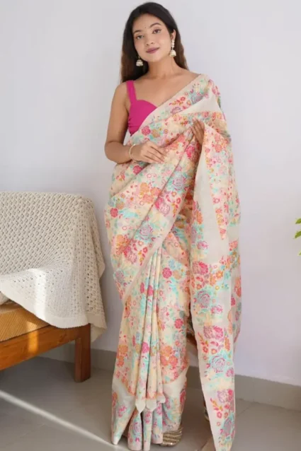 Cream Color Floral Print Sarees For Girls