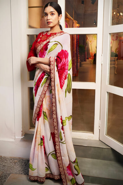 Ethnic Designer Floral Print Georgette Saree For Women