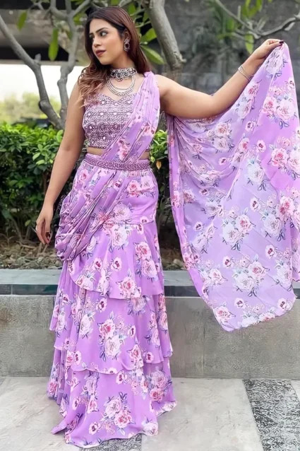 Ethnic Designer Floral Ready To Wear Saree For Farewell