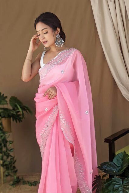 Latest Organza silk sarees with Embroidery Work Pink