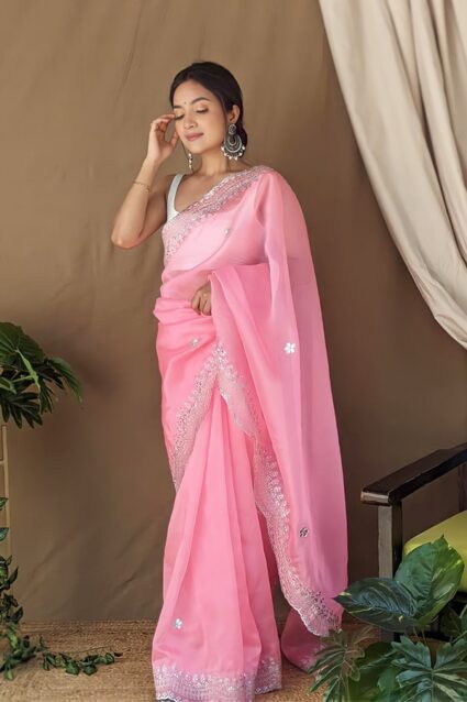 Latest Organza silk sarees with Embroidery Work Pink