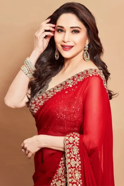 Madhuri Dixit In Red Saree For Karwa Chauth