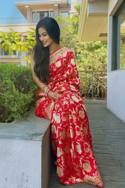 Mouni Roy Karva Chauth Special Red Saree 2024
