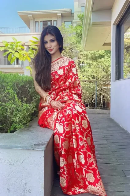 Mouni Roy Karva Chauth Special Red Saree 2024