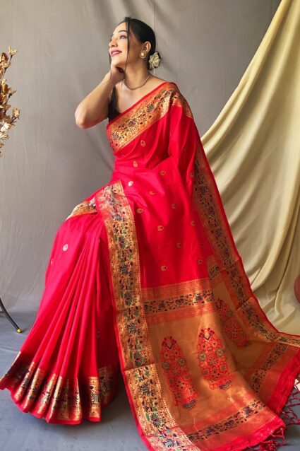 Nauvari Paithani Silk Saree in Red Color 2024