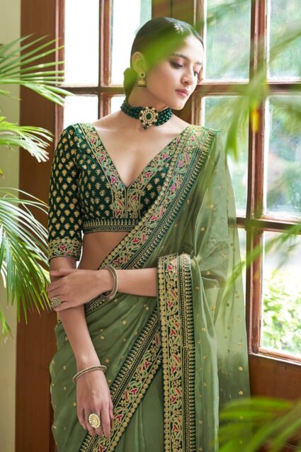 Olive Green Ethnic Designer sarees for Wedding Party online