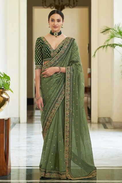 Olive Green Ethnic Designer sarees for Wedding Party online