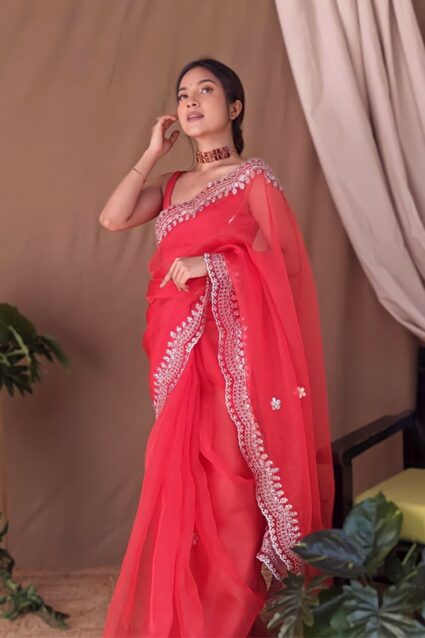 Organza Silk Red Sarees With Embroidery Work