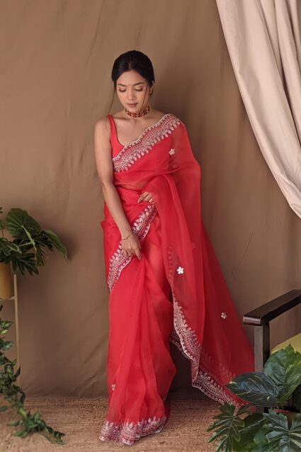 Organza Silk Red Sarees With Embroidery Work