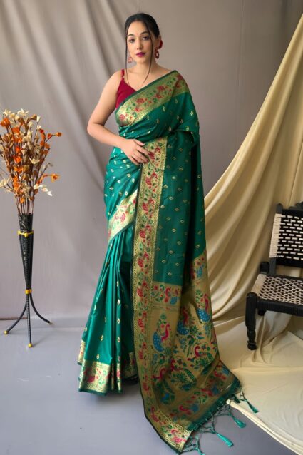 Peacock Green Colour Paithani Silk Sarees Online 2024