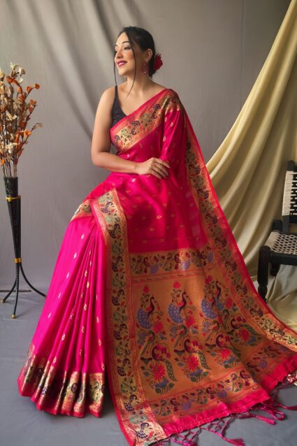 Pink Paithani Saree Online With Peacock Pallu